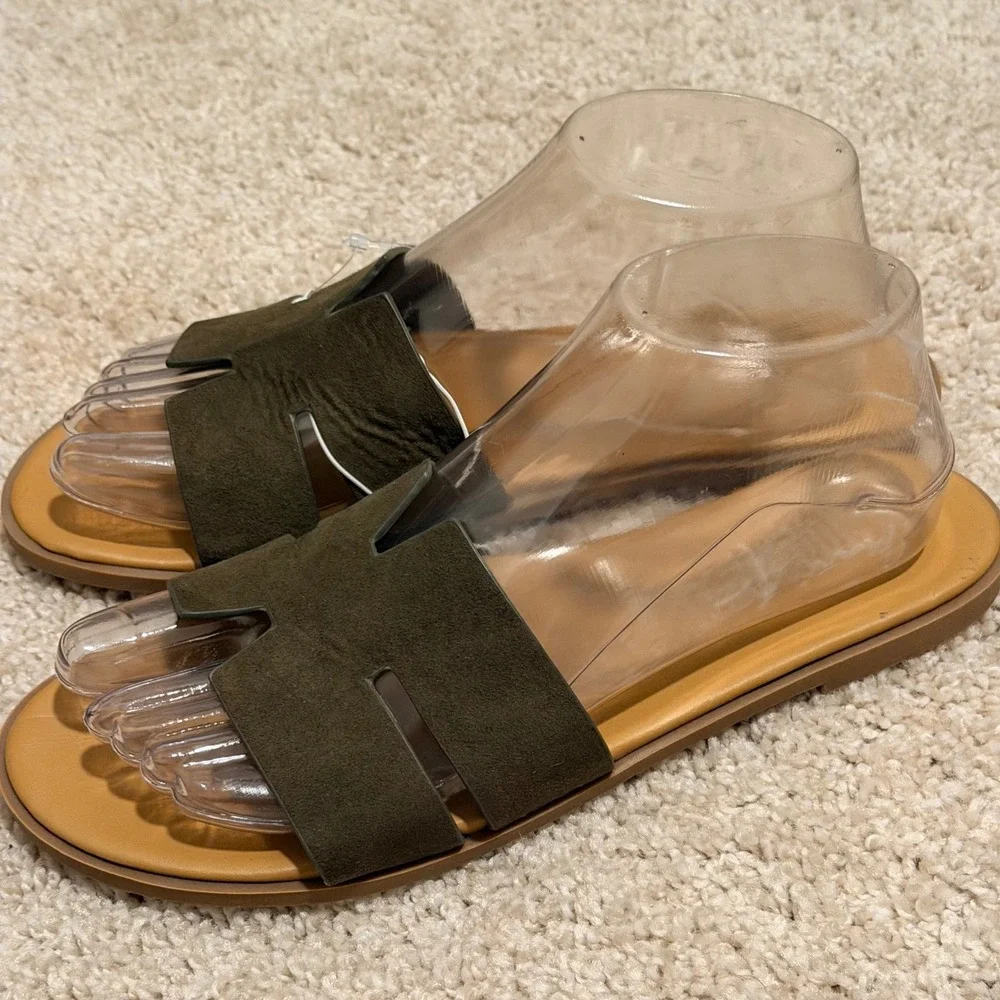 Mari A Olive Green H-Strap Slide Sandals Womens Size 8.5 M Flat Shoes